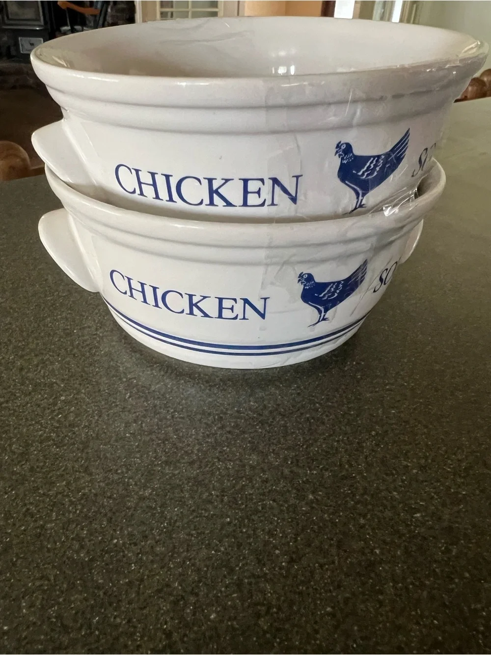 White Ceramic Chicken Serving Bowls with Blue Motif - Set of 2